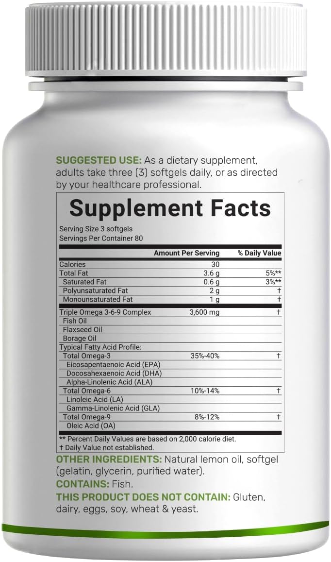 Triple Omega 3-6-9 Fish Oil Supplements 3,600mg – 240 Softgels with Flaxseed Oil & Borage Oils Complex – High EPA + DHA – Burpless Pills, Lemon Flavored, Wild Caught – Heart, Joint, & Brain Support - Image 6