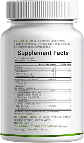 Miniatura 6 de Triple Omega 3-6-9 Suplementos de aceite de pescado 3,600 mg - 240 cápsulas blandas con aceite de linaza y aceites de borraja complejo - Alto EPA +