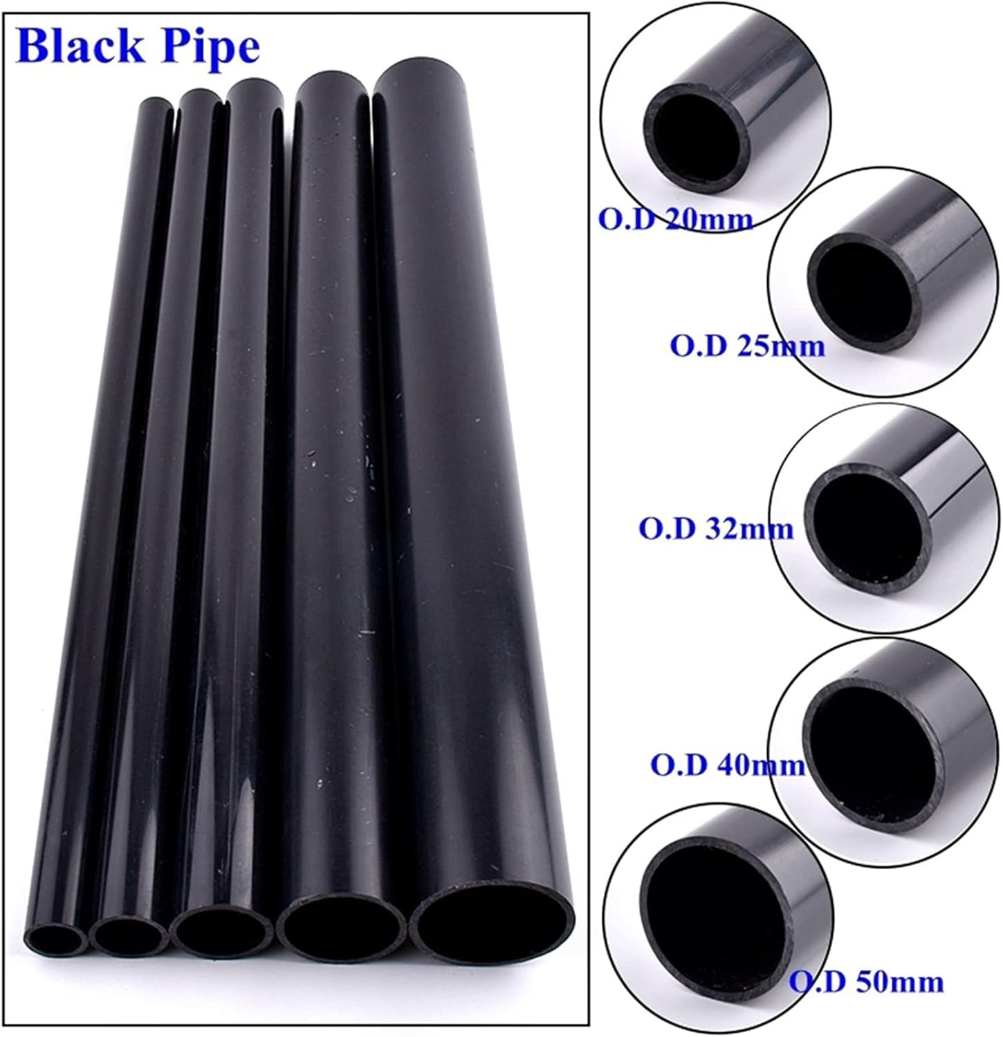 PVC Tube, 2pcs 50cm Long Black PVC Pipe Aquarium Fish Tank Water Tube Home Garden Watering Accessories Planting Frame Hard Tube (Size : Outer Diameter 40mm)