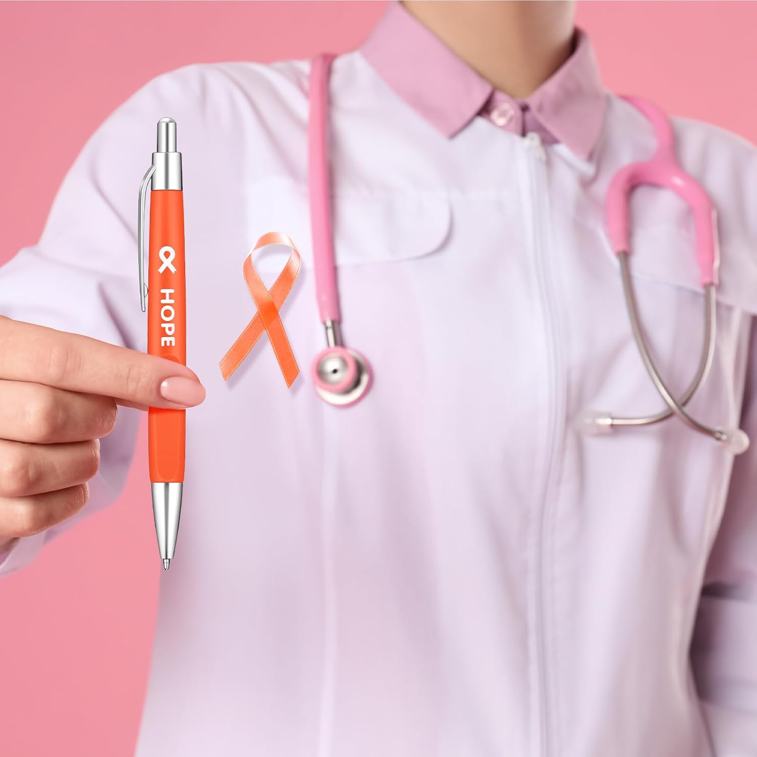 Qilery 200 Pcs Breast Cancer Awareness Pens Bulk Ribbon Awareness Ballpoint Pen Anti Violence Bracelets Leukemia Aware Mental Heath for Volunteering Office Supplies (Orange)