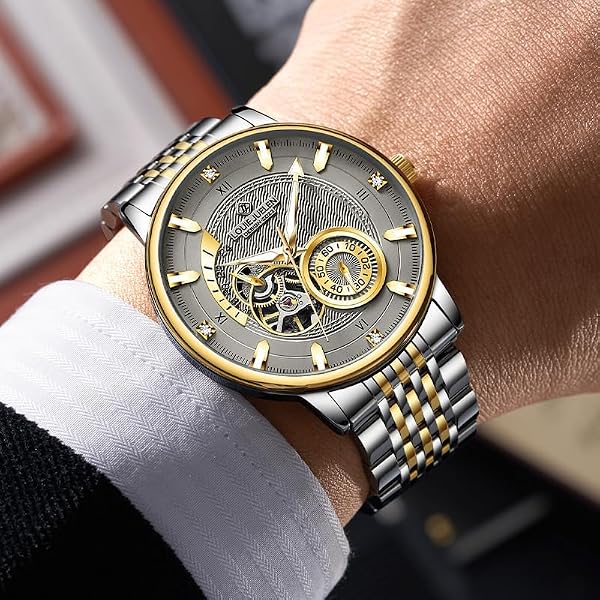 LOUIE JUELEN Men's Luxury Automatic Watches with Self-Winding Movement 42mm Analog Mechanical Watch Waterproof Luminous Dress Wrist Watches for Men, Gray Dial Two-Tone Stainless Steel Band, No Battery Needed by LOUIE JUELEN - Used condition - Image 2