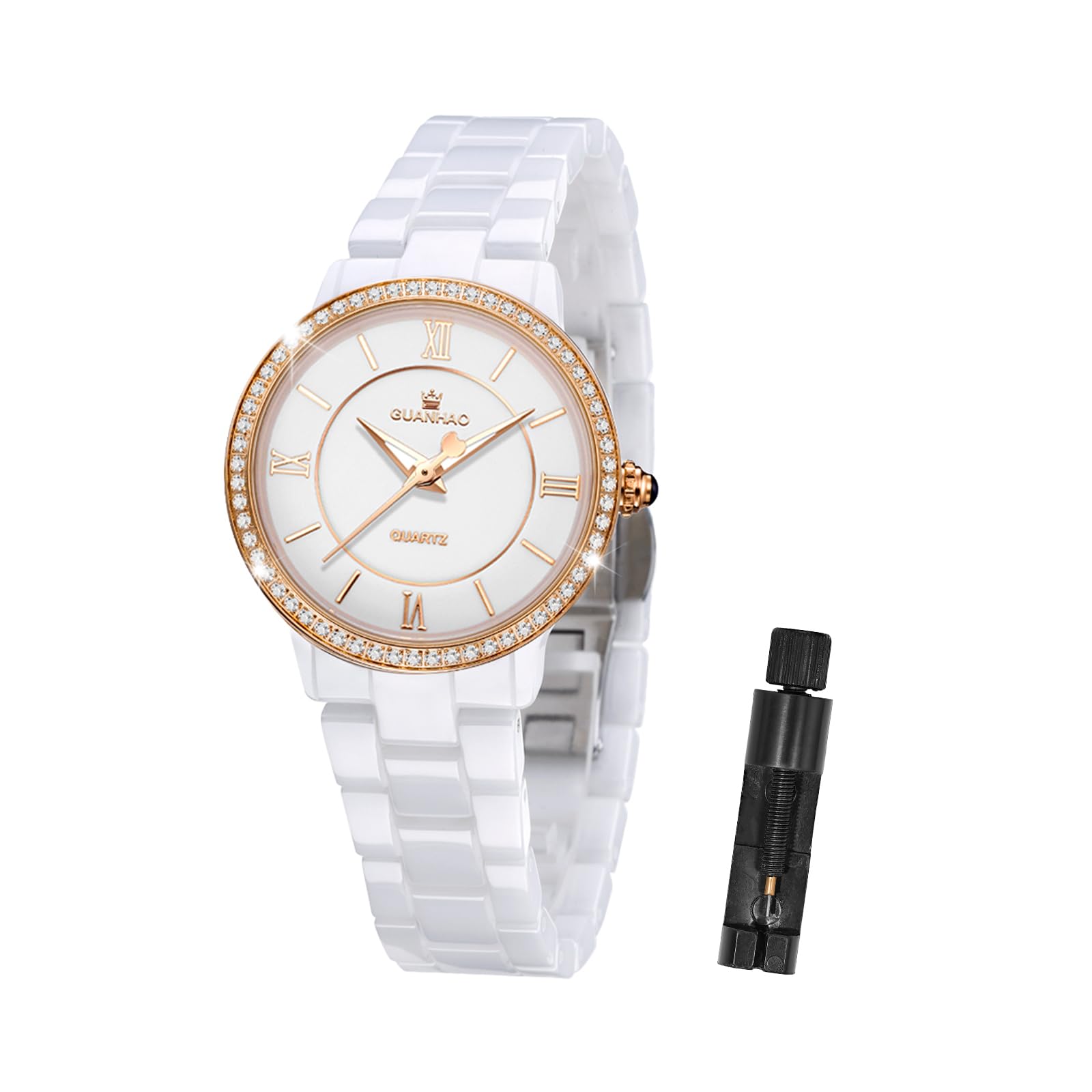 Ceramic Watches for Women, Fashion Ladies Watch Elegant Dress Women's Wristwatches with Diamond Accented Waterproof Calendar Mineral Glass