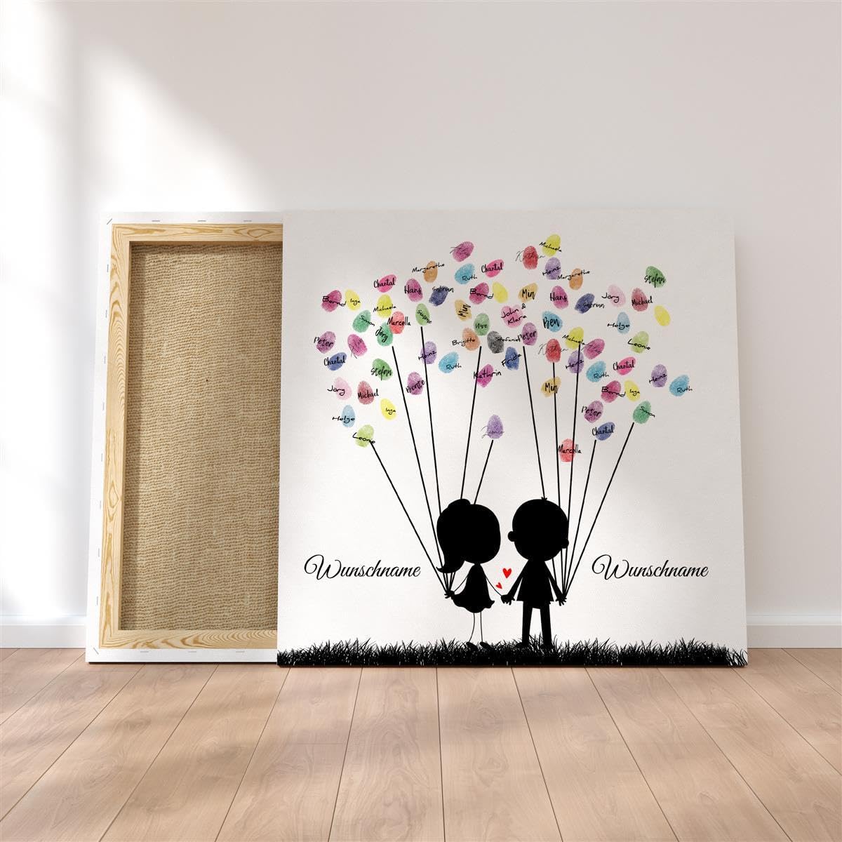 Madyes Płótno Ślub Odcisk palca Księga gości Spersonalizowana Sweet Couple dla młodej pary jako prezent, dekoracja ślubna, imiona z datą. 50 x 50 cm duży na blejtramie drewno