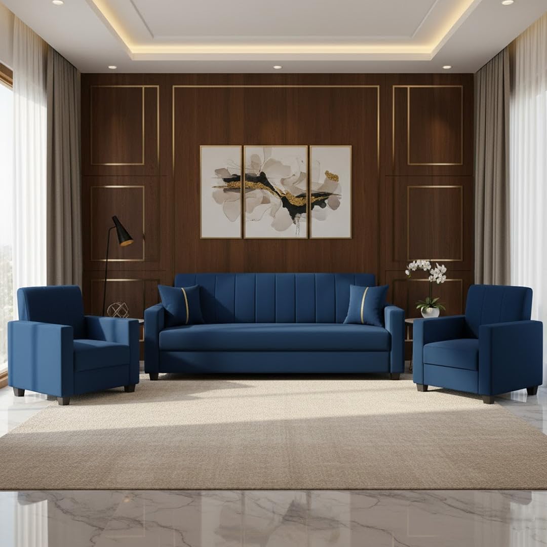 FURNY Cosmic 5 Seater Fabric 3+1+1 Sofa Set (Dark Blue) Durable & Comfortable| Ideal for Living Rooms-image-42