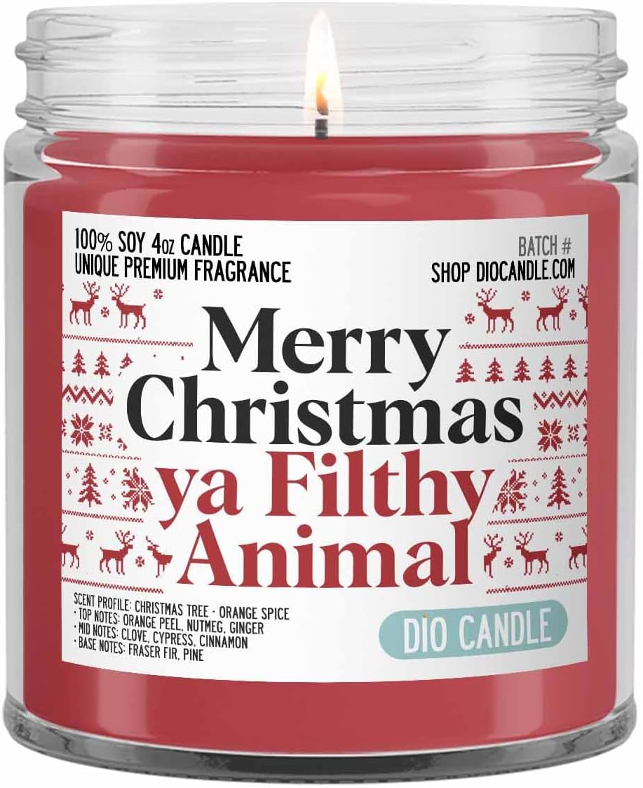 Merry Christmas Ya Filthy Animal Scented Candle - Smells Like Christmas Tree - Orange Spice - 100% Naturally Vegan Soy and Premium Fragrance | Handmade in Denver, Colorado (4oz Glass Jar)