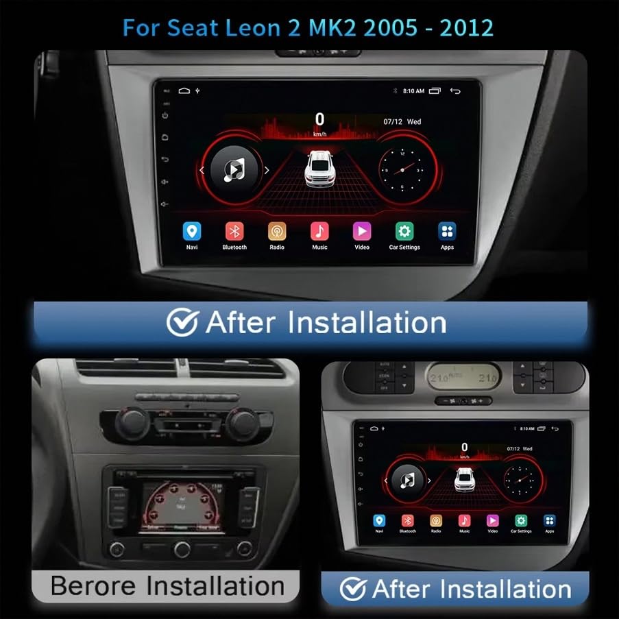 Radio 2 DIN para Seat Leon 2 con Carplay y Android Auto Navegación Bluetooth 1G 32G 2