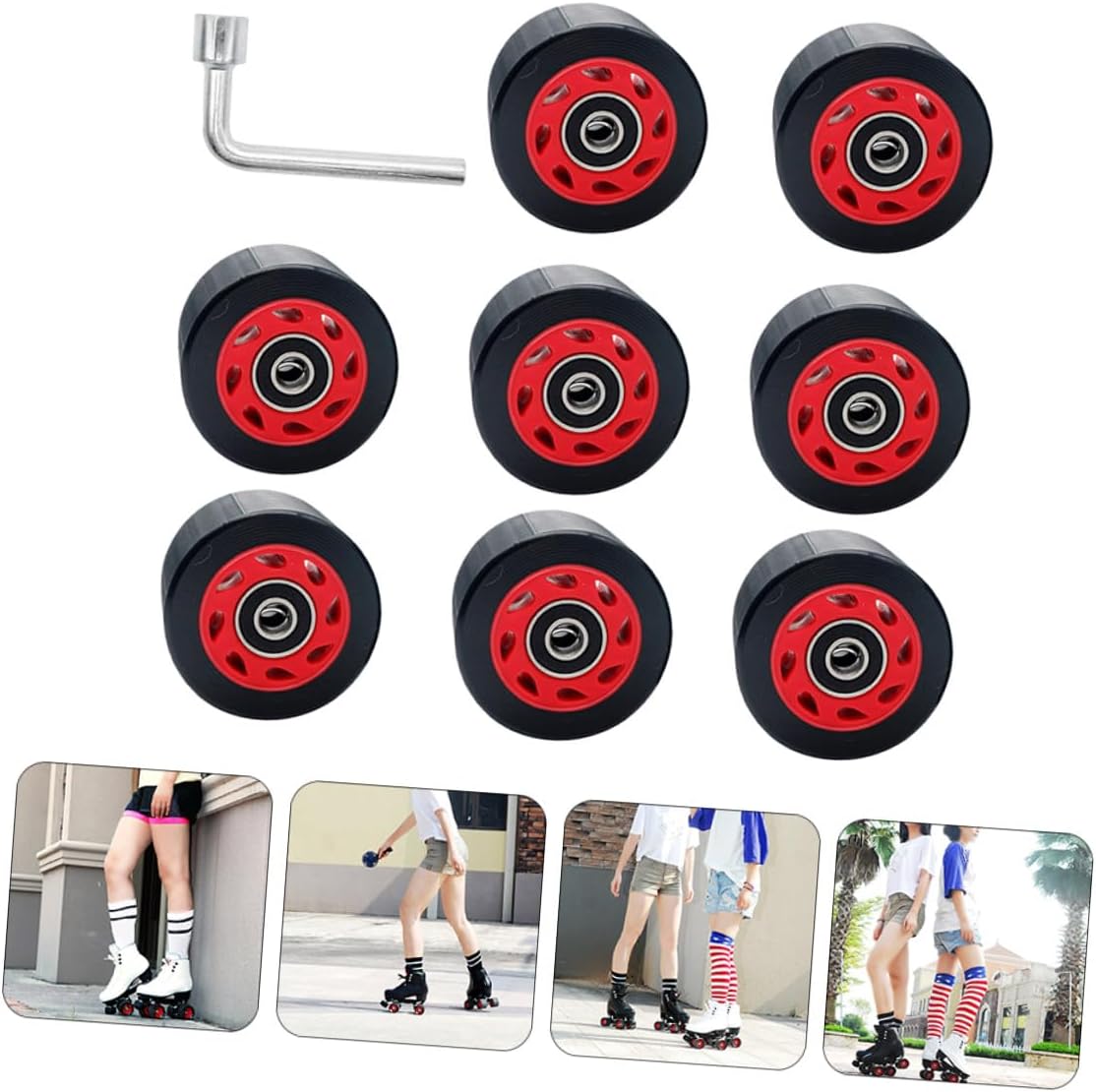 Double-row Roller Skate Wheels 95a Pu Speed Skating Replacement Wheels 8pcs with Wrench Skating Accessories for Outdoor and Indoor Inline Skates