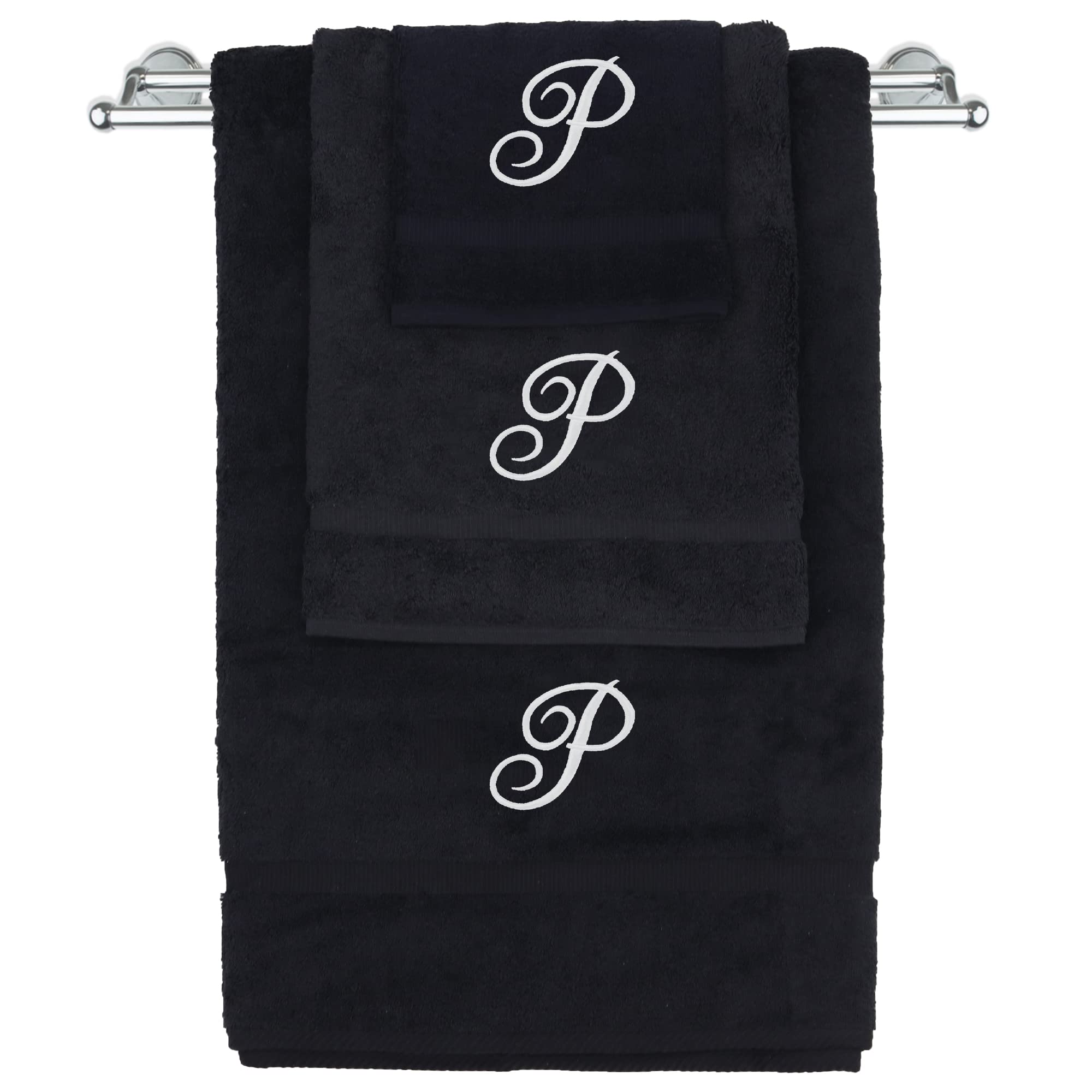 Monogrammed Towel Set, Personalized Gift, Set of 3- White Script Letter Embroidered Towel - Extra Absorbent 100% Turkish Cotton - Soft Terry Finish -