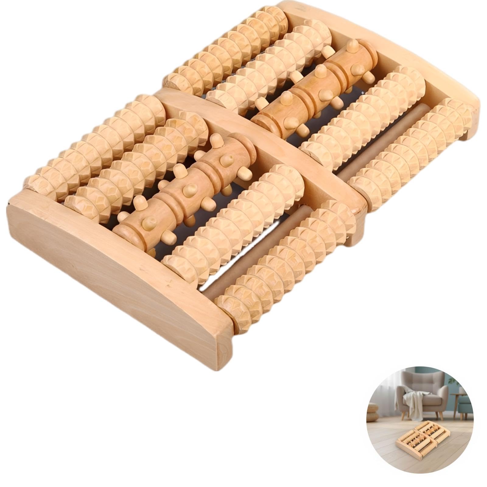 Holz Fußmassagegerät, 5-reihiger Akupressur-Fußroller, Fußgewölbe-Design, Durchblutungsförderung, tragbares Fußpflege-Werkzeug, Muskelentspannung