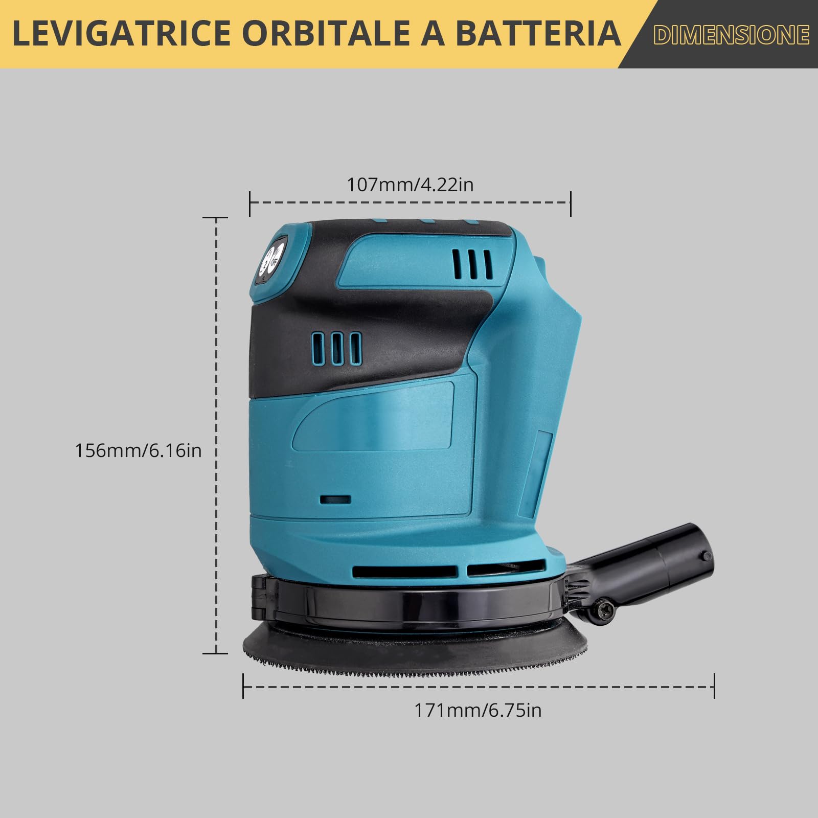 AMTOVL Levigatrice Rotanda Orbitale 3 Livelli Regolabile Levigatrice Professionale per Levigare Cerare Lucidare Legno Metallo Vernice Con 5PZ 125mm Dischi Abrasivi Orbit sander Batteria NON Inclusa