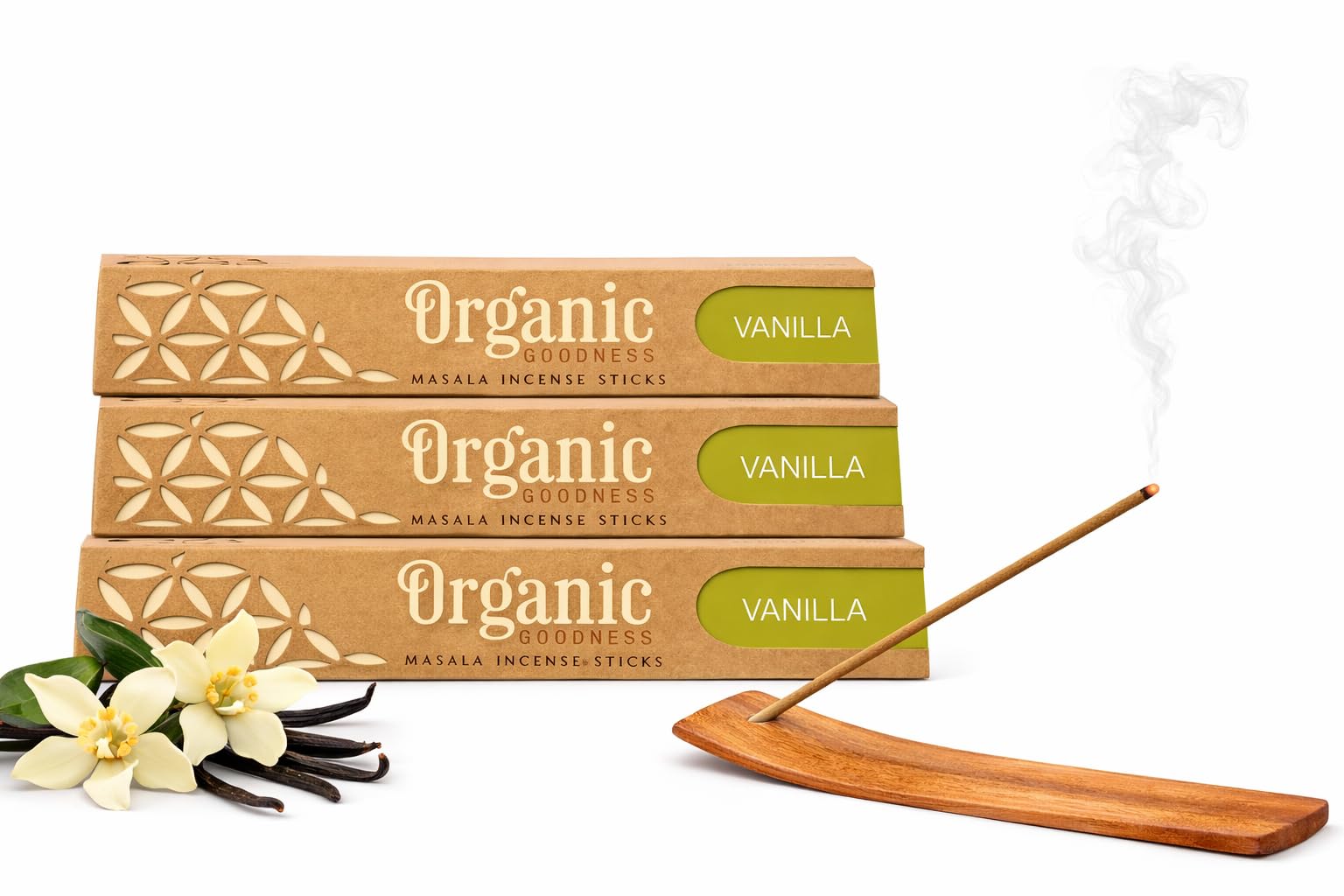 Organic Goodness Vanilla Incense Sticks – 3 Pack Set with JRose Incense Burner | Handmade Masala Sticks | Natural & Non-Toxic | Sweet & Calming Aroma