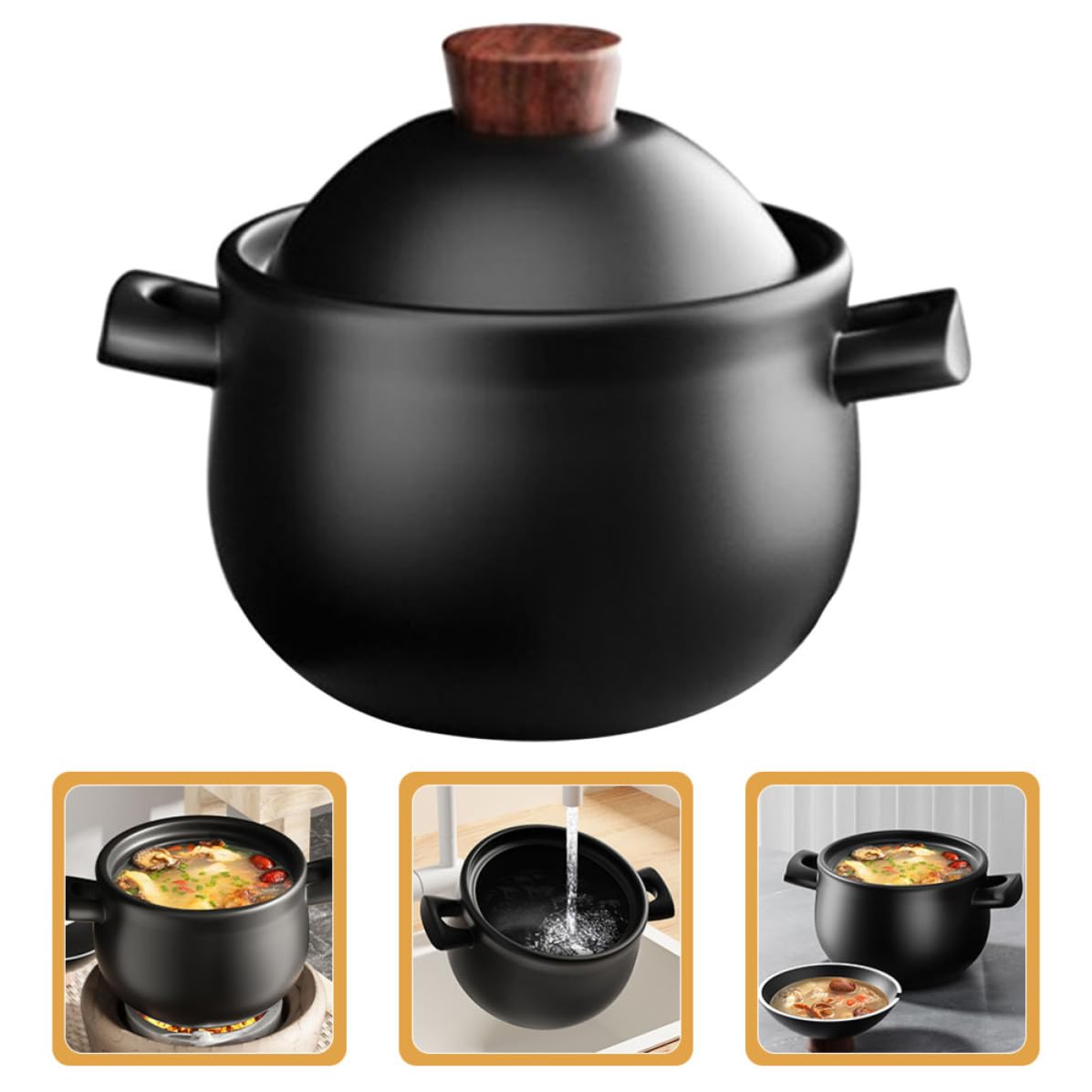 UKCOCO Großer Keramik Kochtopf 1,8l Schwarz mit Deckel Hitzebeständig und Leicht zu Reinigen für Gartenparty und Tägliches Kochen