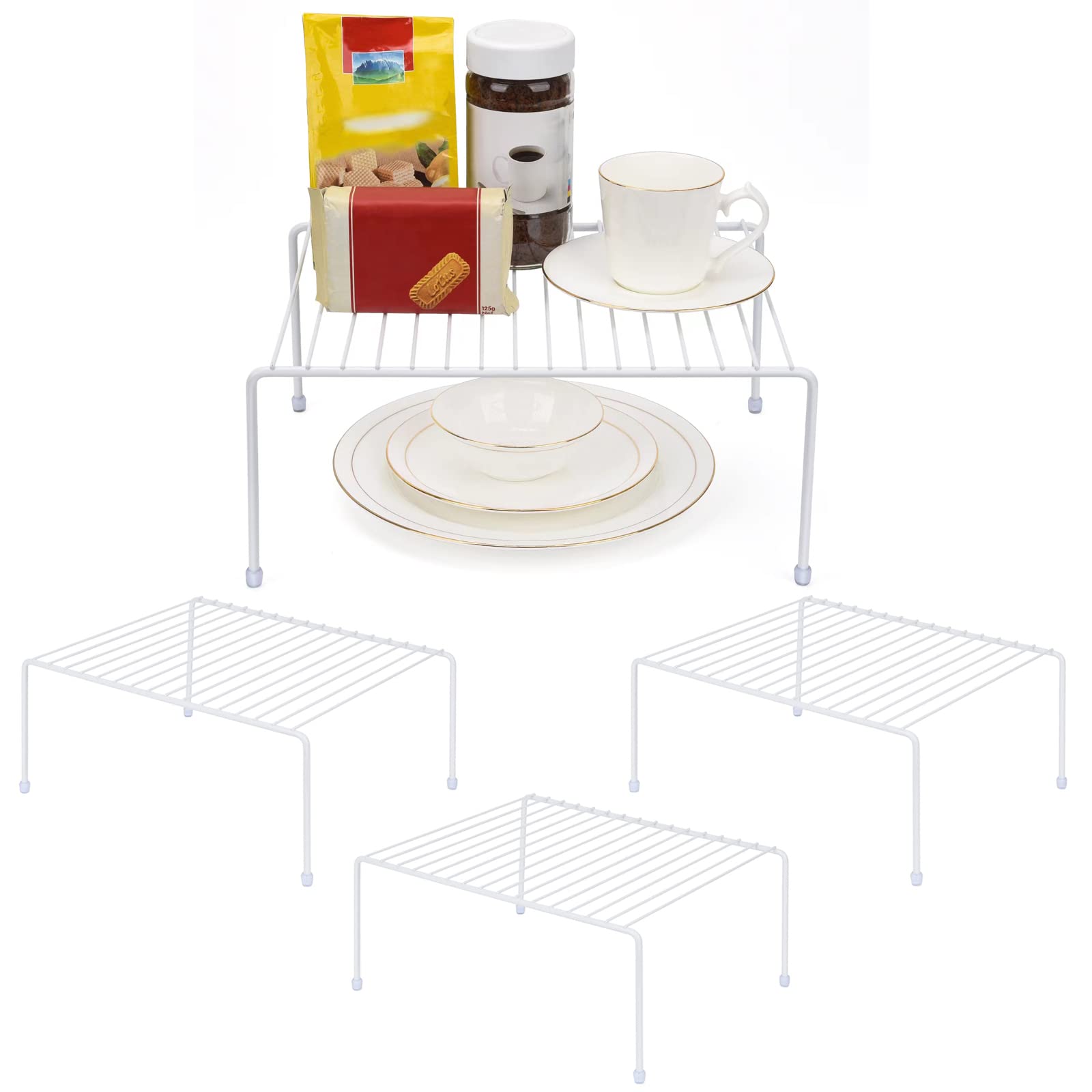 Set of 4 - Kitchen Storage Shelf Rack (13.1 x 10.2 Inch)/Plastic Feet - Medium - Steel Metal - Rust Resistant Finish - Cups, Dishes, Cabinet & Pantry Organization - Kitchen (White)