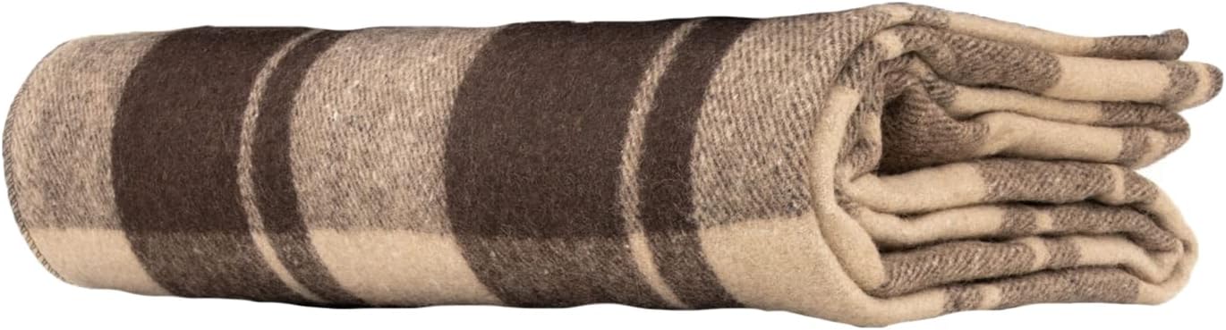Swiss Link Military Surplus 90 x 62 Inch Insulating Indoor Outdoor Stain, Flame, and Water Resisting Classic Wool Plaid Washable Throw Blanket, Brown, Brown