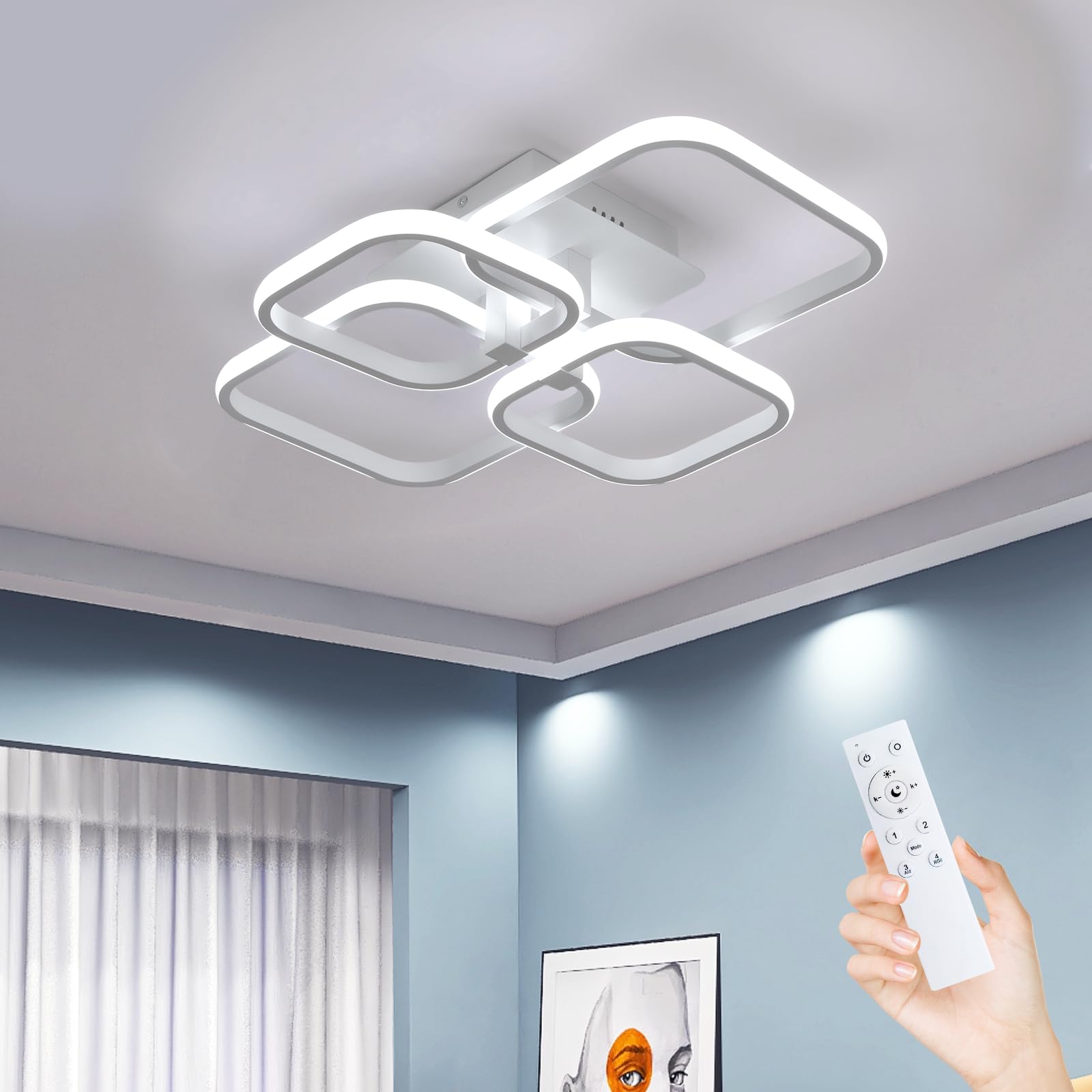 Comely 48W Lámpara de Techo LED, 4 Cuadrado Geometría 5400LM Plafón Moderno | Blanco Luz LED Techo con Mando a Distancia 3000K-6500K para Dormitorio