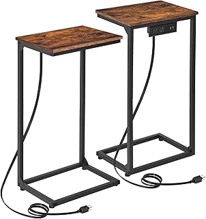 AMHANCIBLE C Table Set of 2, C Shaped Side Table for Living Room,Couch Tables That Slide Under with Charging Station,C Table End Table for Couch Rustic Brown HET02BPBR
