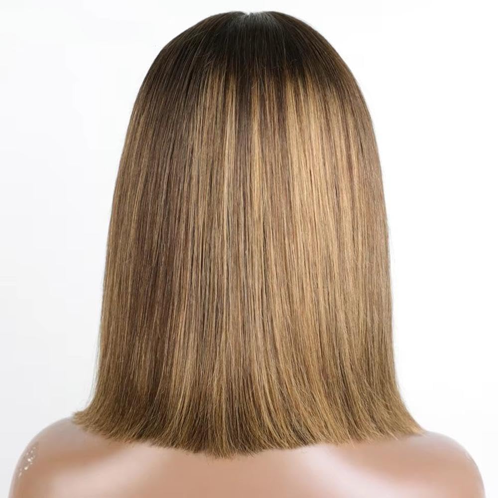Haarpflege 100% Echthaar Perücke Highlight Braun Langer Gerader Mittelteil Bob Spitzenfront Für Frauen Ohne Kleber(Highlight Brown,10inches)