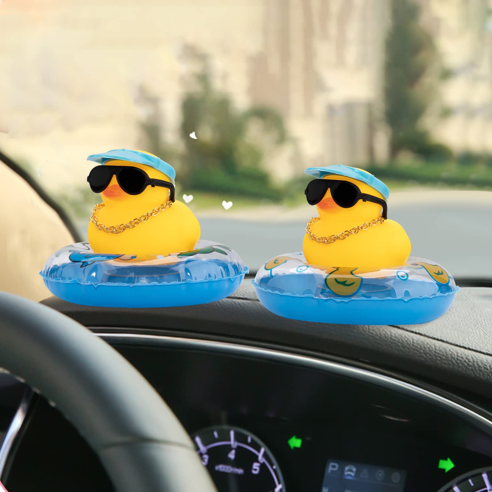 Wonuu Rubber Duck Dashboard Decorations Visor Cap Duck Car Accessories For Car Ornament With Mini Hat Swim Ring Necklace And Sunglasses, B_Pink Visor Cap&Dolphin Pink Ring