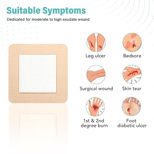 Miniatura 9 de Apósito de espuma de silicona de 4 x 4 pulgadas, vendajes de silicona impermeables para heridas, almohadillas de 5 capas con borde adhesivo para