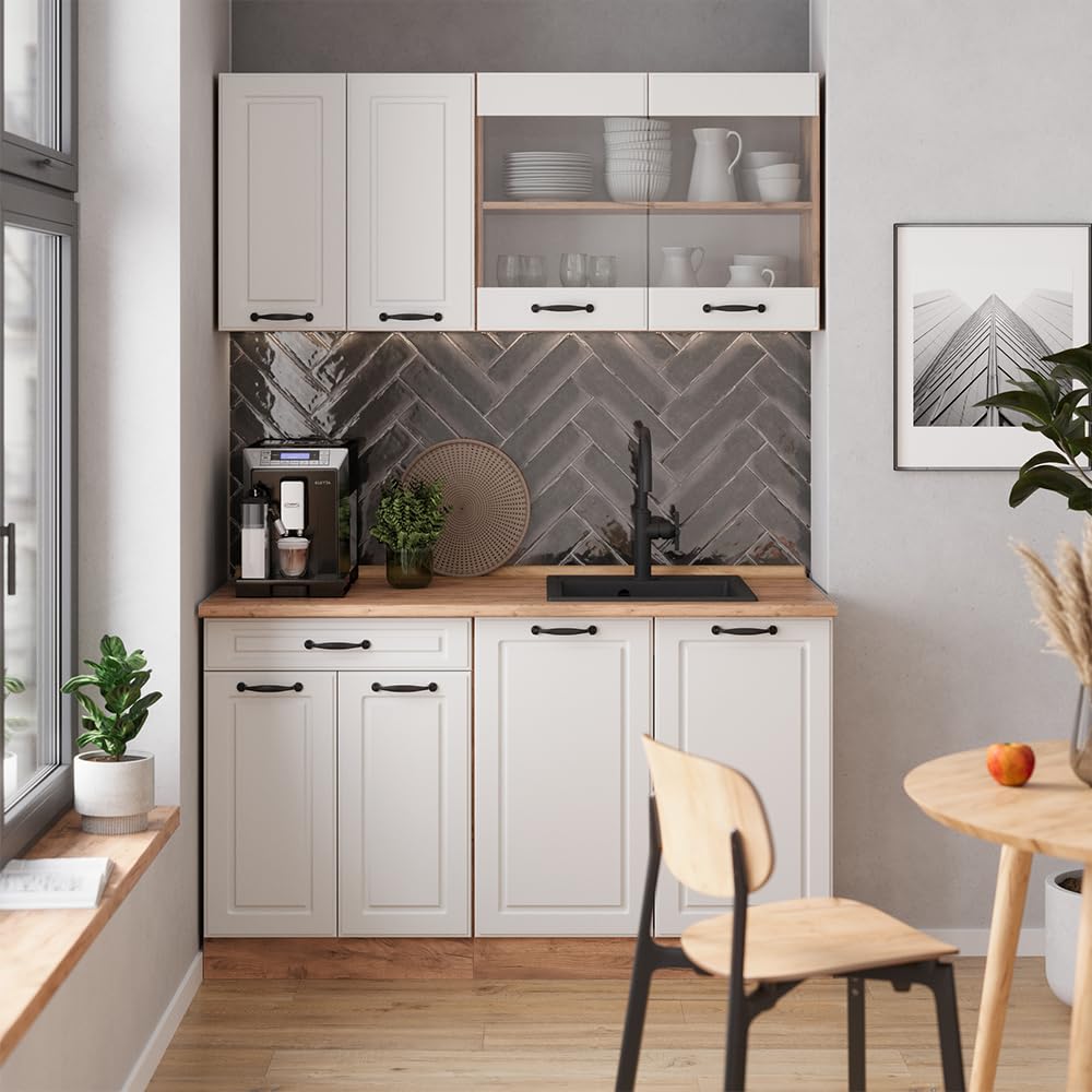 Vicco Cucina completa R-Line, Casa di campagna bianca/Rovere dorato, 140 cm senza piano di lavoro, adatto per installazione autoportante o vicino alla parete