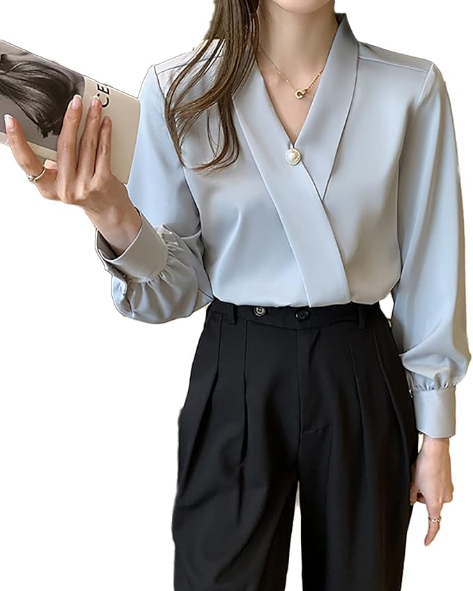 Amazon レディースシルクシャツファッション軽量長袖シャツブルーサテンワークシャツol Topカジュアルシャツ ブルー Xxl シャツ ブラウス 通販