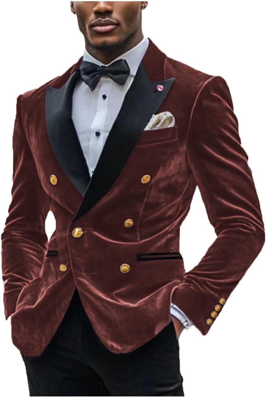 Shiny Velvet Blazer Double Breasted Satin Lapel for Men Special Occasions Cocktail Party