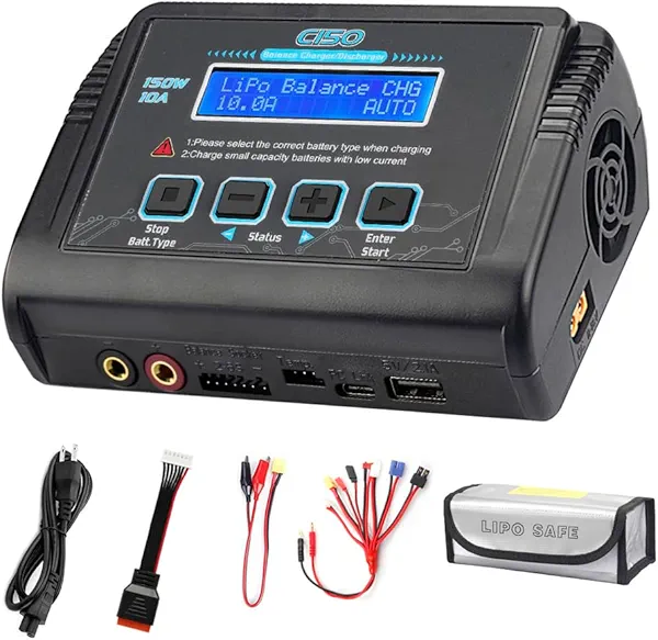 LiPo Battery Charger RC Balance Fast Charger Discharger 150W 10A AC/DC Battery Chargers for 1-6S Life Li-ion LiHV NiCd NiMH PB Smart Battery (Black)