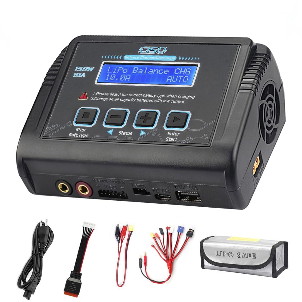 LiPo Battery Charger RC Balance Fast Charger Discharger 150W 10A AC/DC Battery Chargers for 1-6S Life Li-ion LiHV NiCd NiMH PB Smart Battery (Black)