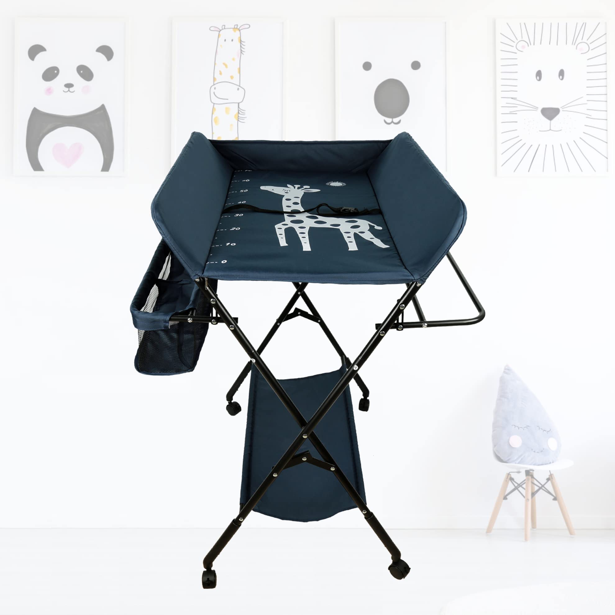 SHISHI Cambiador Bebe Plegable con Estantes, Acero Carbono y Tela Impermeable, Mueble Cambiador Bebe con Ruedas, Colchon Cambiador Bebe Lavable, Ajuste de Altura 92-98 cm (Azul oscuro)