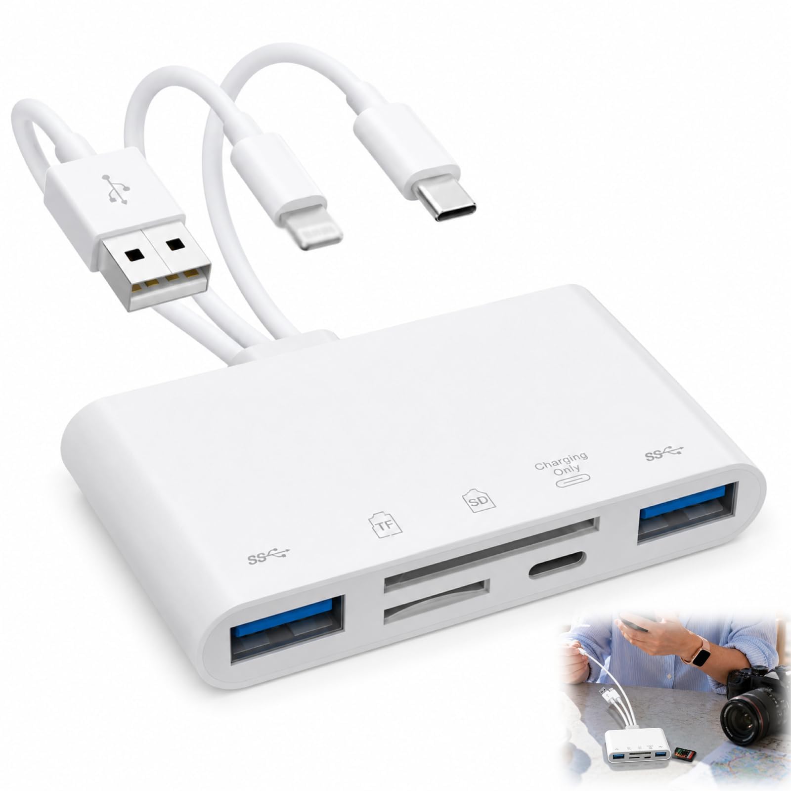 5 in 1 Kartenleser, SD Kartenleser für iPhone iPad USB C USB A, Speicherkartenleser mit SD Micro USB OTG Adapter mit Ladeanschluss, SD SDHC SDXC MMC Kartenlesegerät Kompatibel mit Android, PC, Laptop