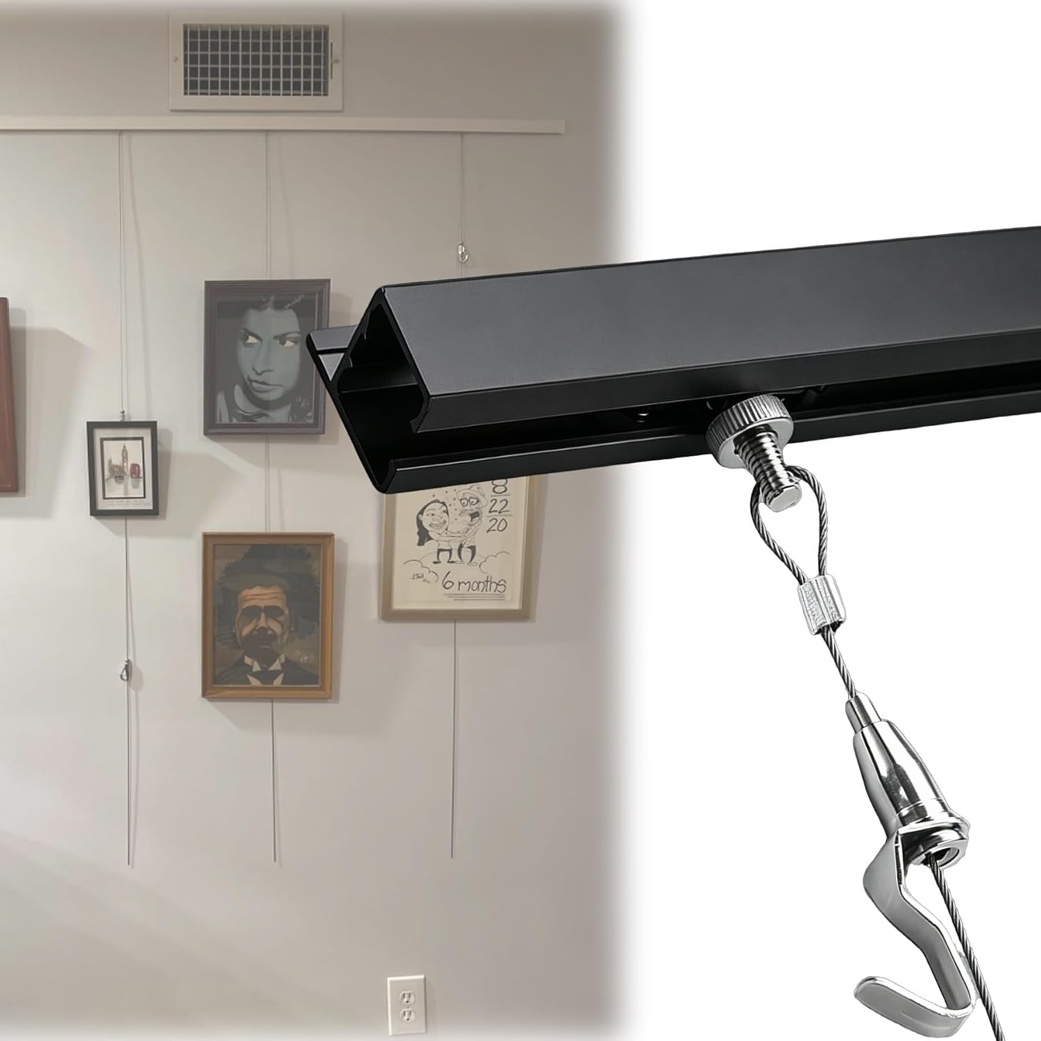 Art Gallery Ceiling Wall Mount Picture Hanging System Kit, Lift Gallery Track Display Shelves with Stainless Steel Hooks Adjustable for Mirror and Studio(1.6ft Chain 1hooks,Track 3.3ft)