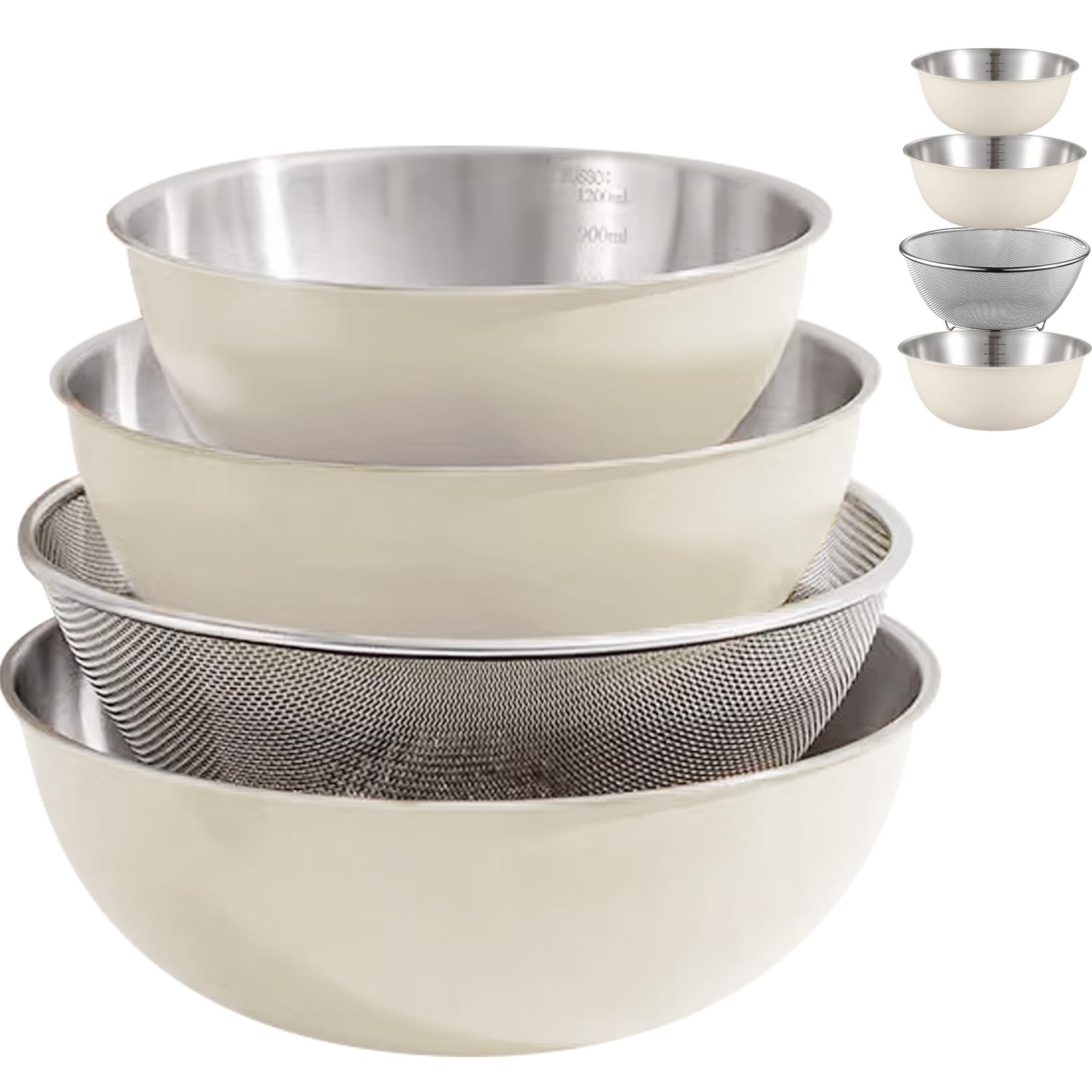 Juego de cuencos y colador de acero inoxidable para mezclar con escala, cuenco de ensalada con colador, cesta de malla fina, juego de cuencos para hornear, cuenco de cocina para decoración de