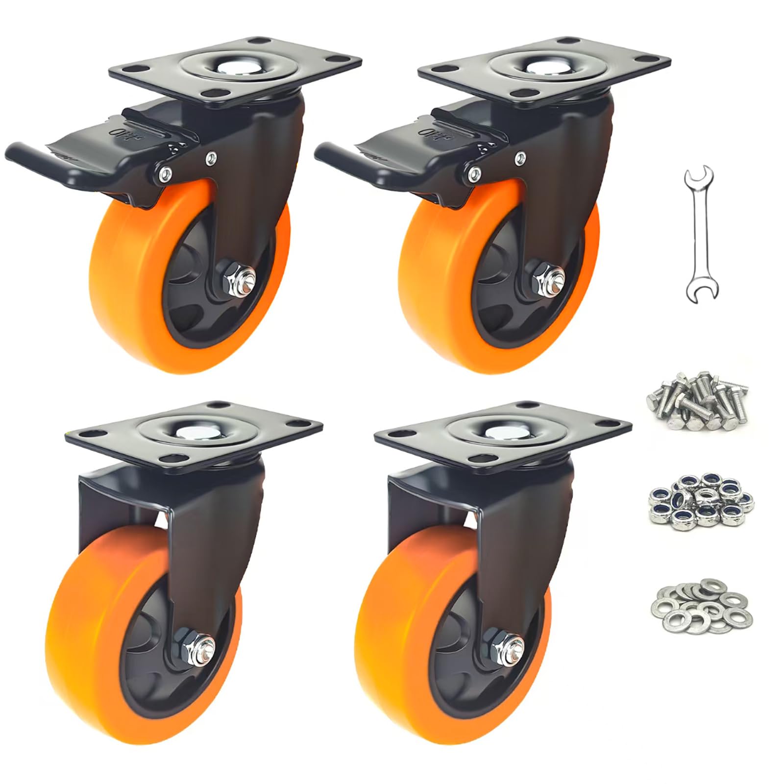 Ruedas giratorias de 3 pulgadas, juego de 4 ruedas resistentes con frenos, ruedas giratorias de 360° para carritos, ruedas de poliuretano naranja para muebles y equipos (naranja, 2 giratorias y 2