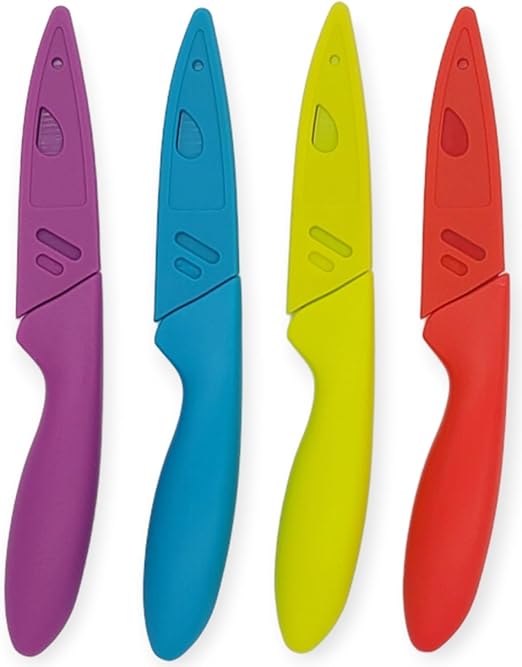 4pc Colorful Paring Knife Set with Sheath Covers, 3-inch Blade Covered Paring Knife