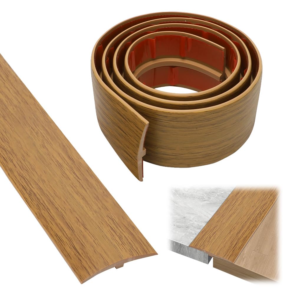 Perfil de transición en T, umbrales de puerta de PVC, molduras, perfil de transición de 3 m x 5 cm, autoadhesivo, tira de cobertura para nivelar suelos para suelos de parqué, umbrales de laminado