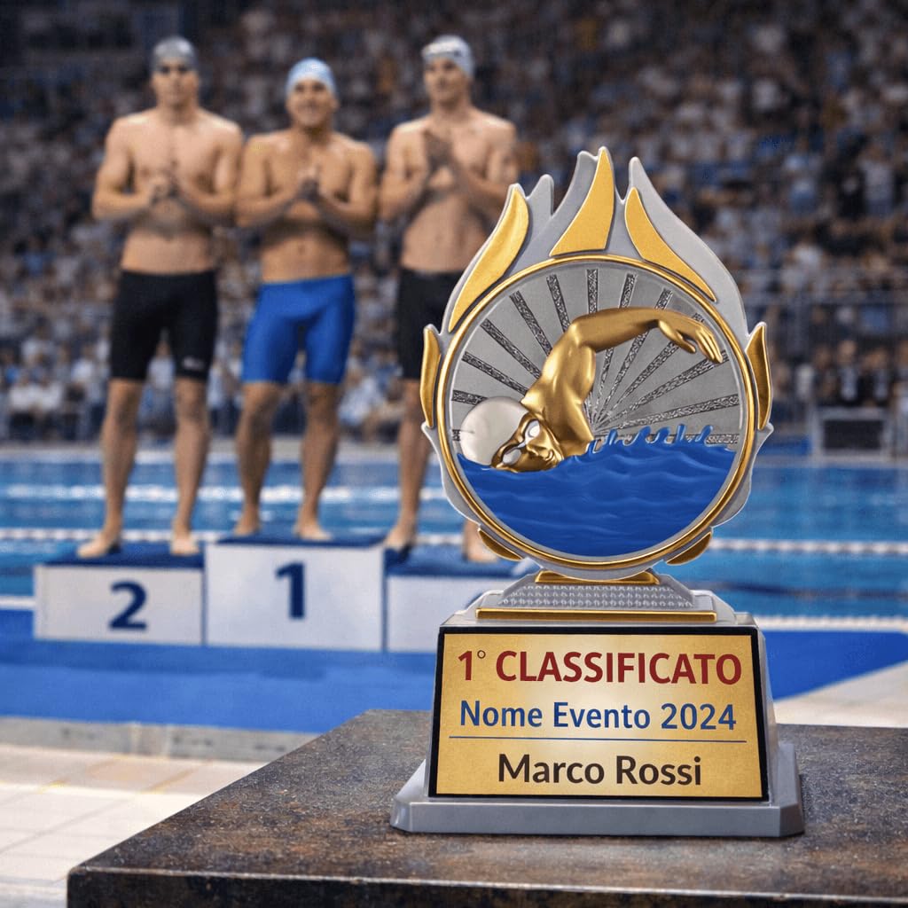 D&Vlab Trofeo Nuoto 14 cm Argento con Targhetta Personalizzabile – Coppa Nuotatore Economica per Gare, Piscine ed Eventi Sportivi