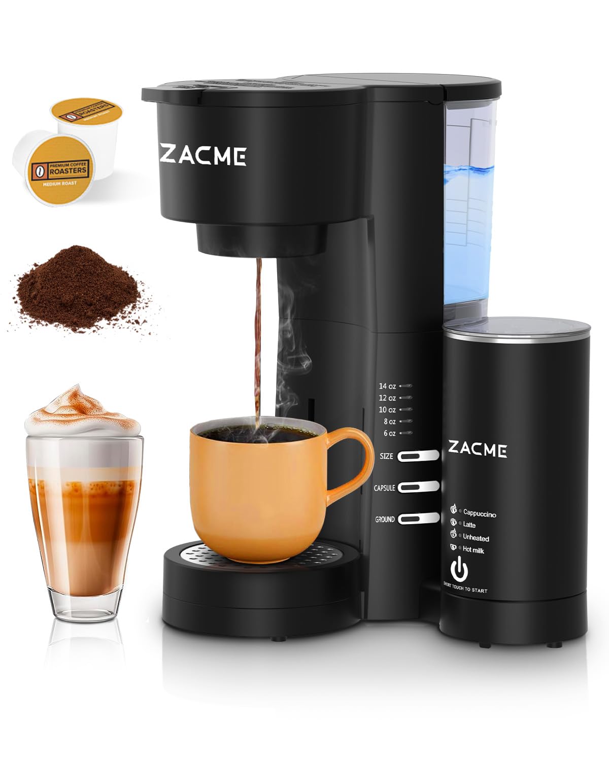 ZACME Single Serve Coffee Maker for K Cups&Ground Coffee with Milk Frother, 3 in 1 Small Single Cup Coffee Machine, 28oz Water Thank, 6 to 14 oz Brew Sizes