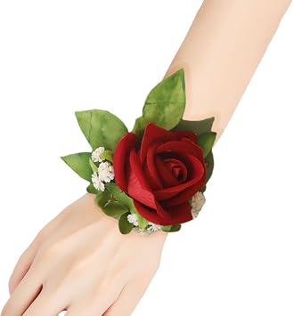 Wedding Wrist Corsage Hand Flower Set of 2 Bridal Bride Bridesmaid Red Velvet Artificial Rose Wrist Accessory for Mother Parent Sister of Bride Groom Prom Quinceanera Indoor Outdoor Wedding