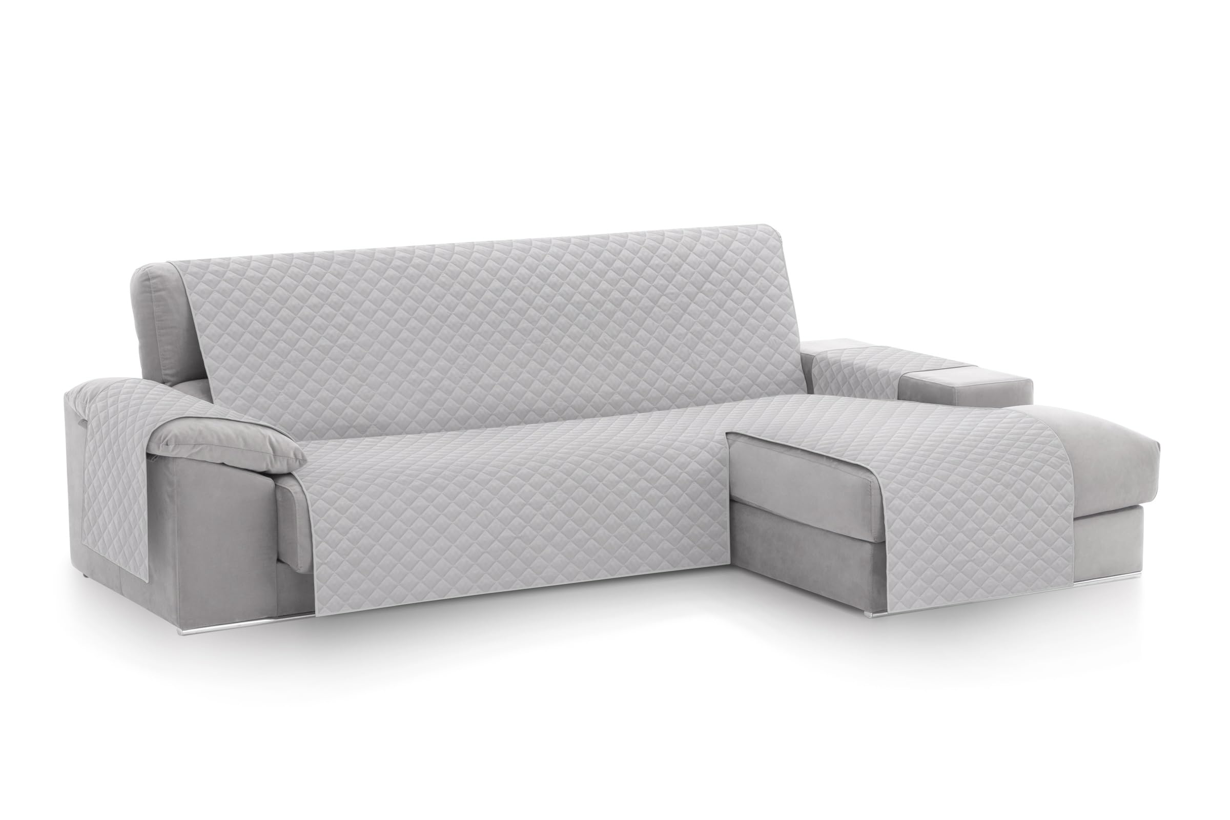 Textilhome Copridivano Chaise Longue con Penisola Malu 240cm – Salvadivano Trapuntato Universale con Bracciolo Destro, Protezione per Animali Domestici, Colore Grigio Chiaro (Visto da Davanti)