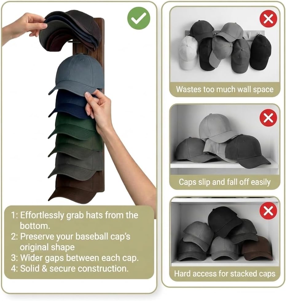2-Pack Wall-Mounted Hat Storage Organizer, Wooden Space-Saving Rack for Cap image 2