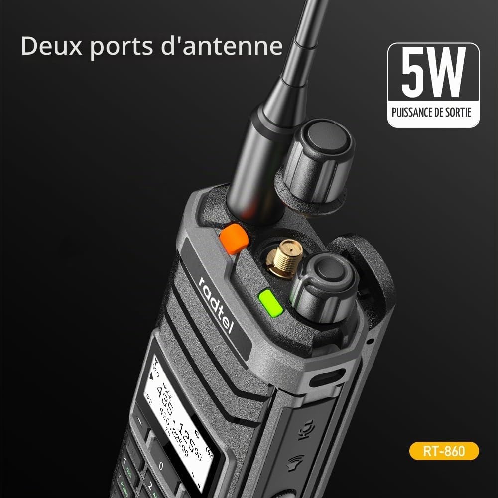 Radtel RT-860 Radio Amateur Multibande HF UHF VHF Bi-Bande avec Réception AM USB LSB CW CB LW MW SW SSB, 1024 Canaux, Batterie 2000mAh, Recharge Type-C (avec Antennes SW/MW)