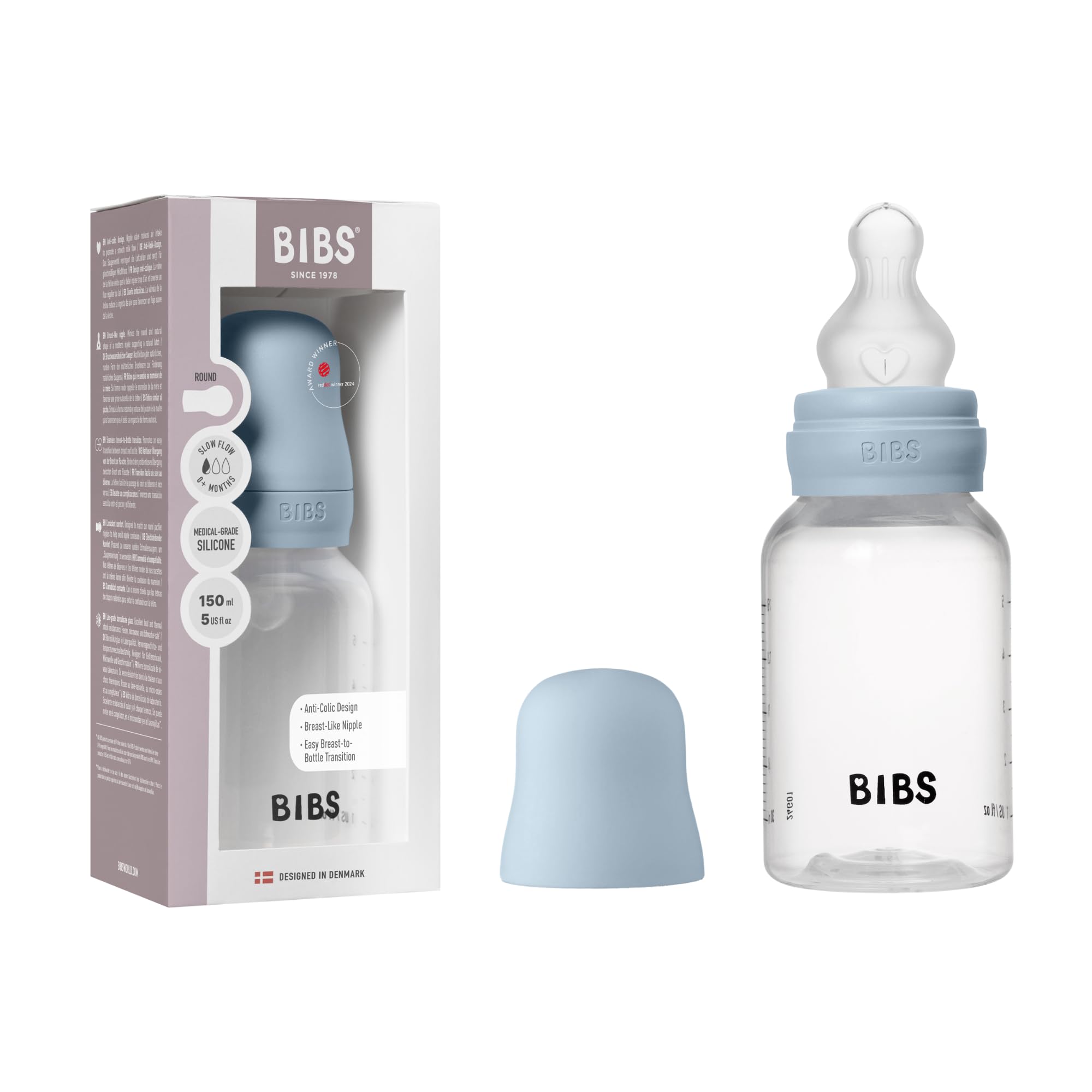 Biberon Baby BIBS 150 ml - Tettarella in silicone - Anti-coliche, senza BPA, tettarella tonda, flusso lento, leggero e facile da pulire, per neonati 0+ anni - Baby Blue