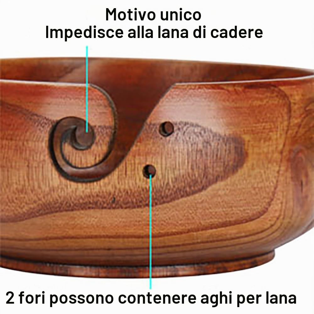 Ciotola per filati in legno per maglieria, Yarn bowl for crochet supporto per filati per lavorare a maglia con coperchio - stile retrò (15*9,5 cm)