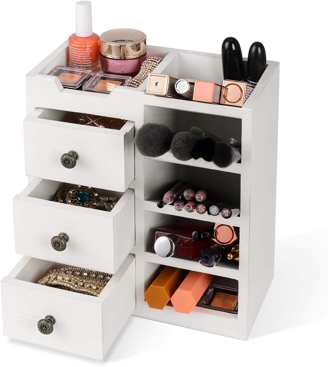 Ikkle Wood Makeup Brush Holder Organizer, Wall Mount Desk Organizer with 3 Drawers, Cosmetic Storage Box, Makeup Organizer with 4 Compartments, Perfect Dresser, Desktop Organizer, Rustic White