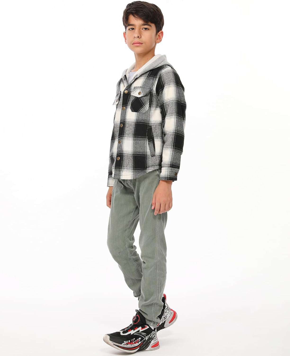 ZENTHACE Kids Boys Girls Sherpa Lined Flannel Shacket Jacket,Hooded Plaid Snap Shirt,Fall Winter Playwear - Image 2
