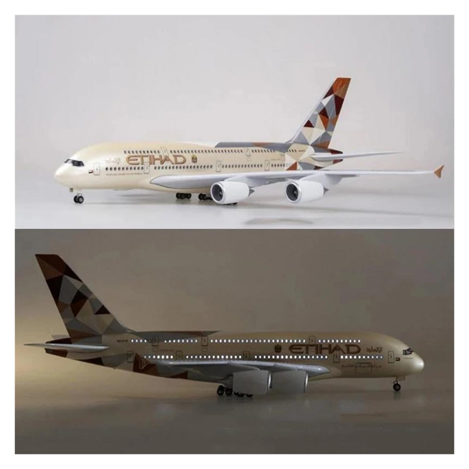 Juguete Resina 47 Cm para Airbus A380 Etihad Modelo Avión con Luces LED para Exhibición Escritorio Coleccionable(No Lamp)