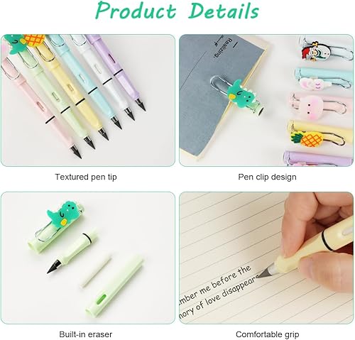Miniatura 3 de Lápices sin tinta, 6 lápices eternos con borrador, reutilizables con 6 puntas reemplazables, 6 decoraciones de dibujos animados extraíbles para el