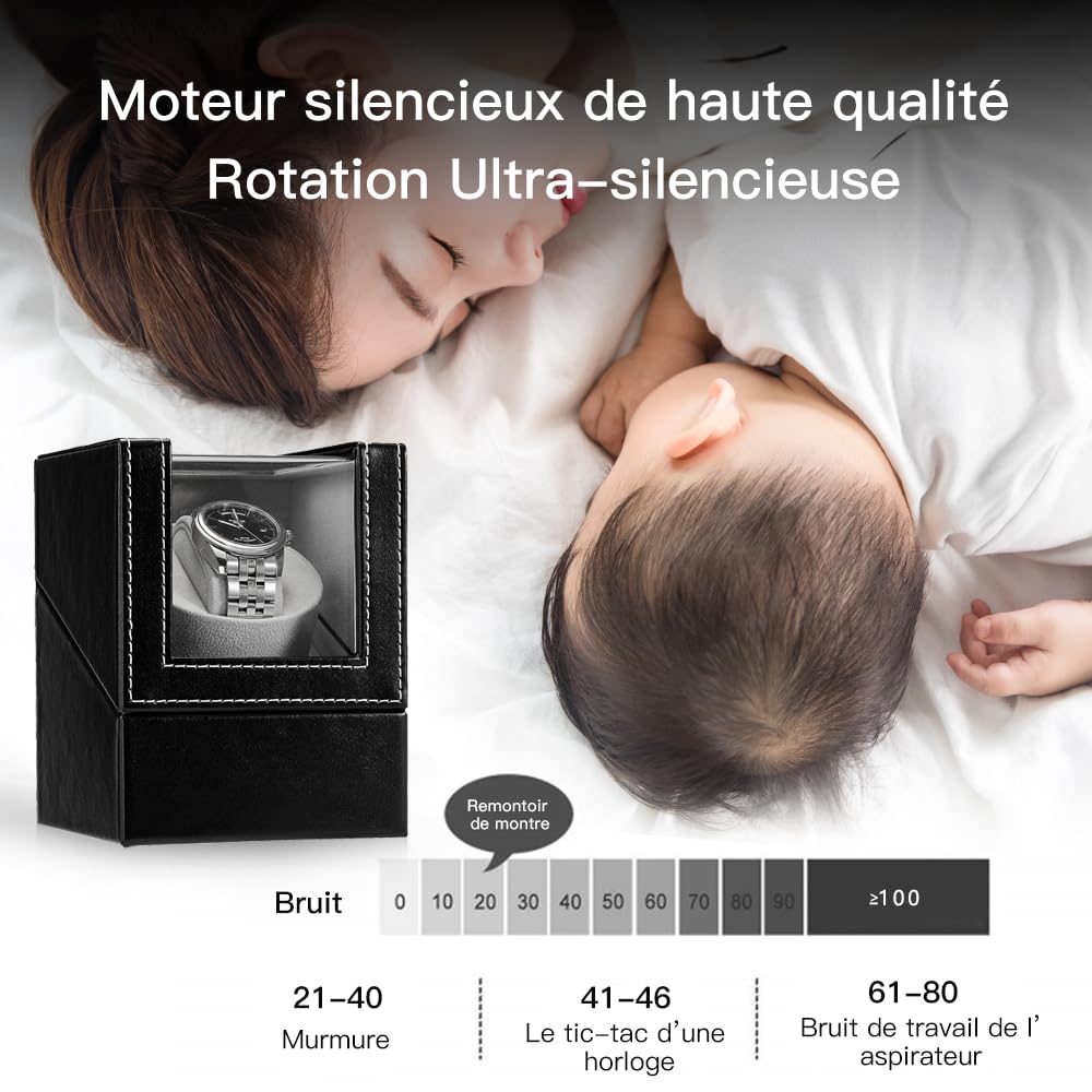 Watch Winder Remontoir Montre Automatique Boîte Cuir Vitrine Acrylique Rotation Silencieux Cadeau pour 1 Montre