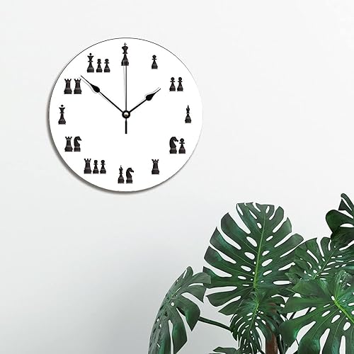 Miniatura 3 de ArogGeld Reloj de pared redondo de madera rústica blanca, moderno, con piezas de ajedrez, con diseño vintage, silencioso, sin tictac, funciona con