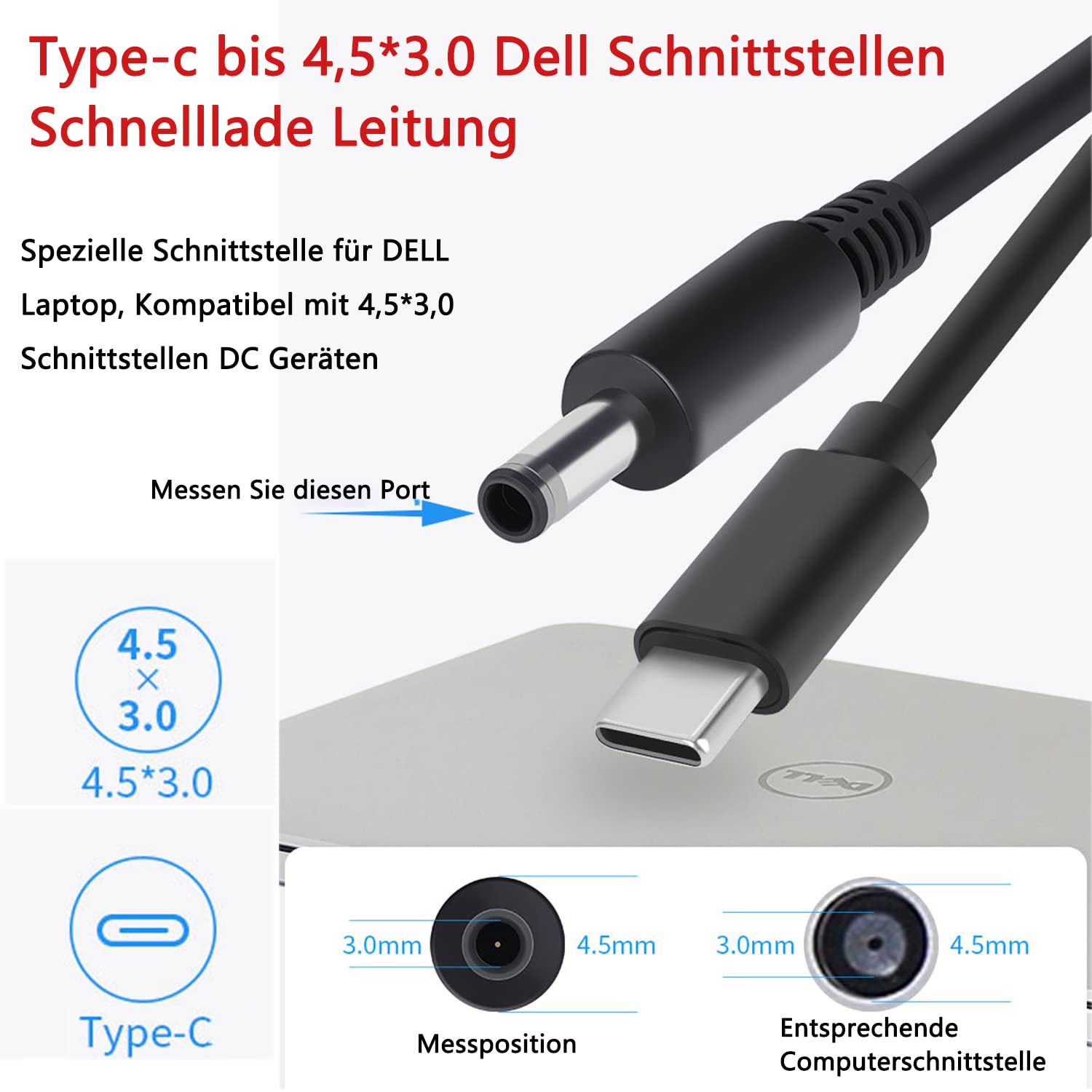 Chargeur USB C Rapide 65W, PD GaN Wall Chargeur 2 Ports Chargeur Rapide avec câble de Charge PD pour Ordinateurs Portables Dell Inspiron14-7472 3501 3000 5000 XPS12 XPS13 3458 M3800
